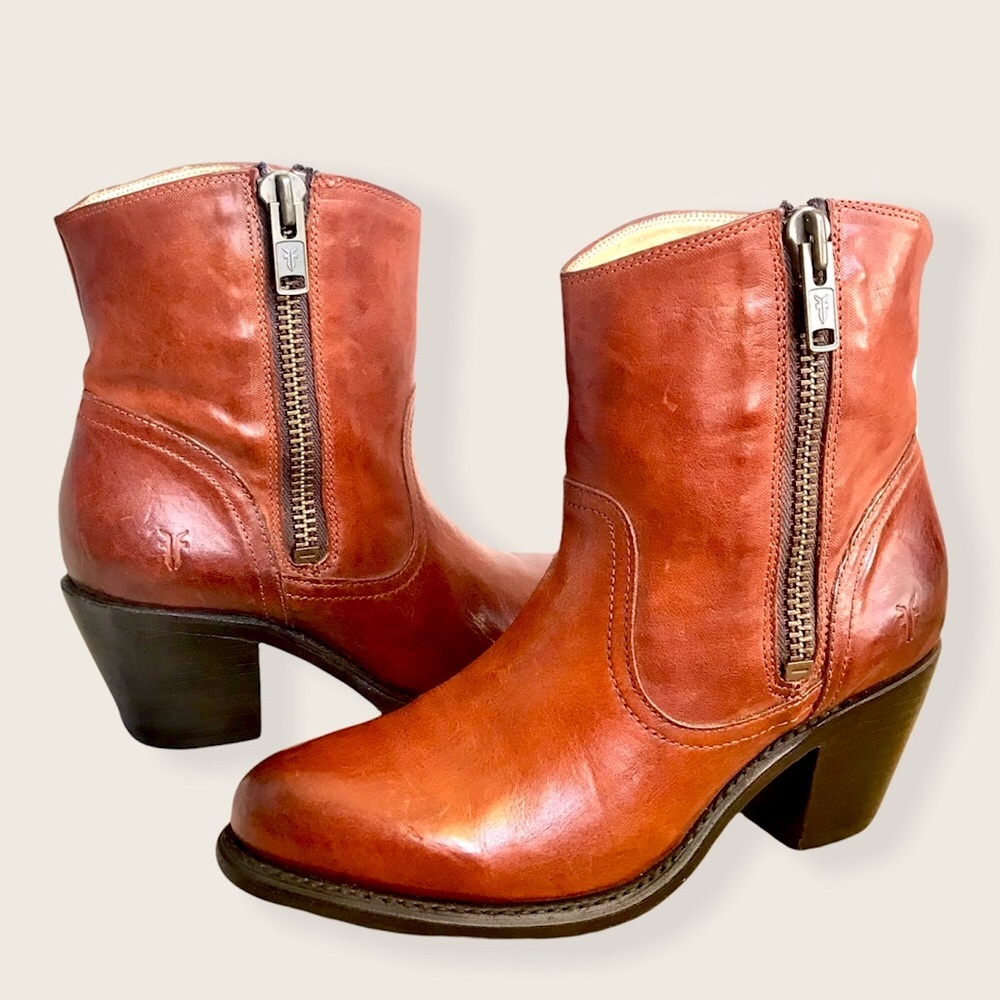 Frye Leslie Zip Cognac Genuine Leather Fall/Winter/Spring Heeled Ankle Booties - Picture 6 of 14